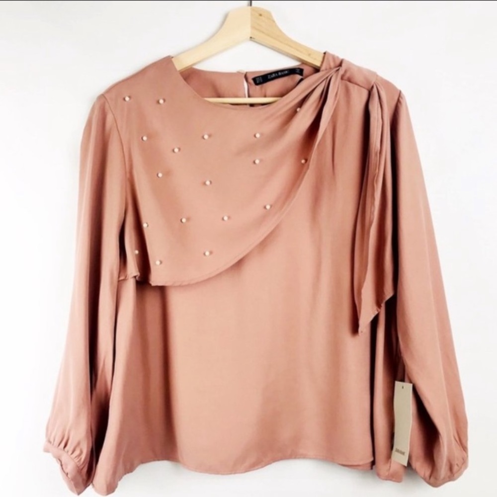 ZARA blush pink pearl drape neck top 💕